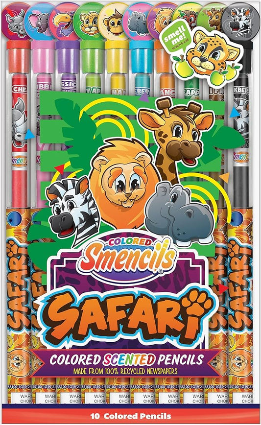 Safari Colored Smencils - Patented Gourmet Scented Colored Fun Pencils - Made from Recycled Newspapers, 10 Count - Gifts for Kids, School Supplies, Classroom Rewards, Student Prizes