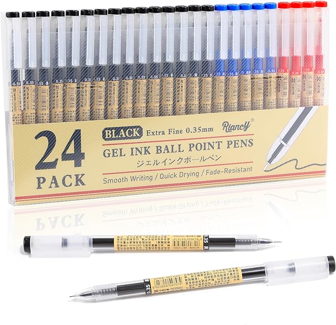 RIANCY Black Blue Red Gel Ink Pens, 0.35mm Extra Fine Point Smooth Writing Rollerball Pens, Japanese Style No Smudge Ballpoint Pen, Quick Drying for Journaling Office School Stationery Supplies 24Pcs