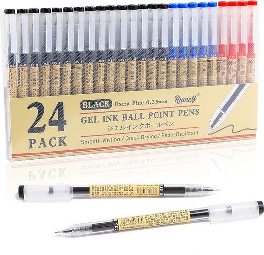 RIANCY Black Blue Red Gel Ink Pens, 0.35mm Extra Fine Point Smooth Writing Rollerball Pens, Japanese Style No Smudge Ballpoint Pen, Quick Drying for Journaling Office School Stationery Supplies 24Pcs
