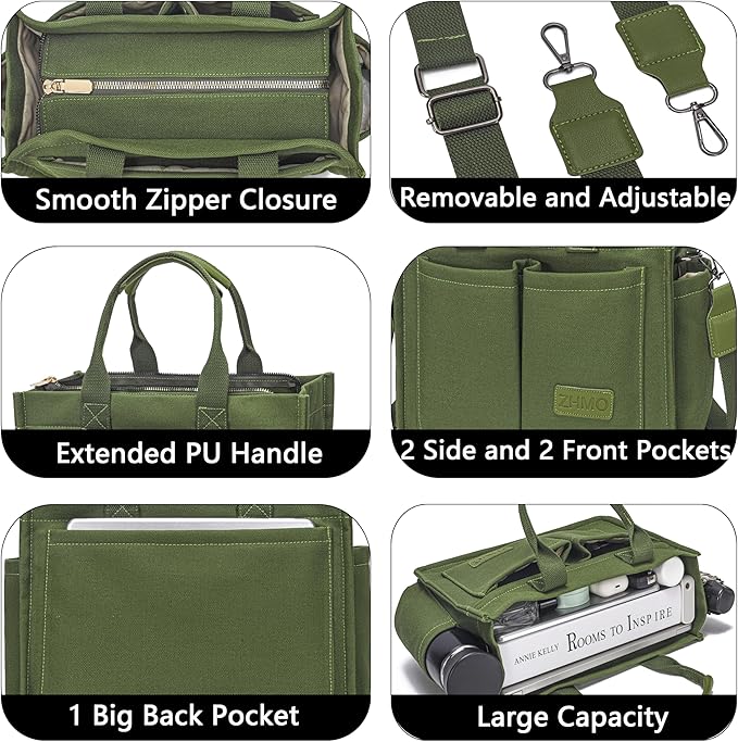 Tote Bag for Women With Compartments,Large Canvas Tote Women's Purse Crossbody Bags Work Laptop Book Bag Satchels Handbags