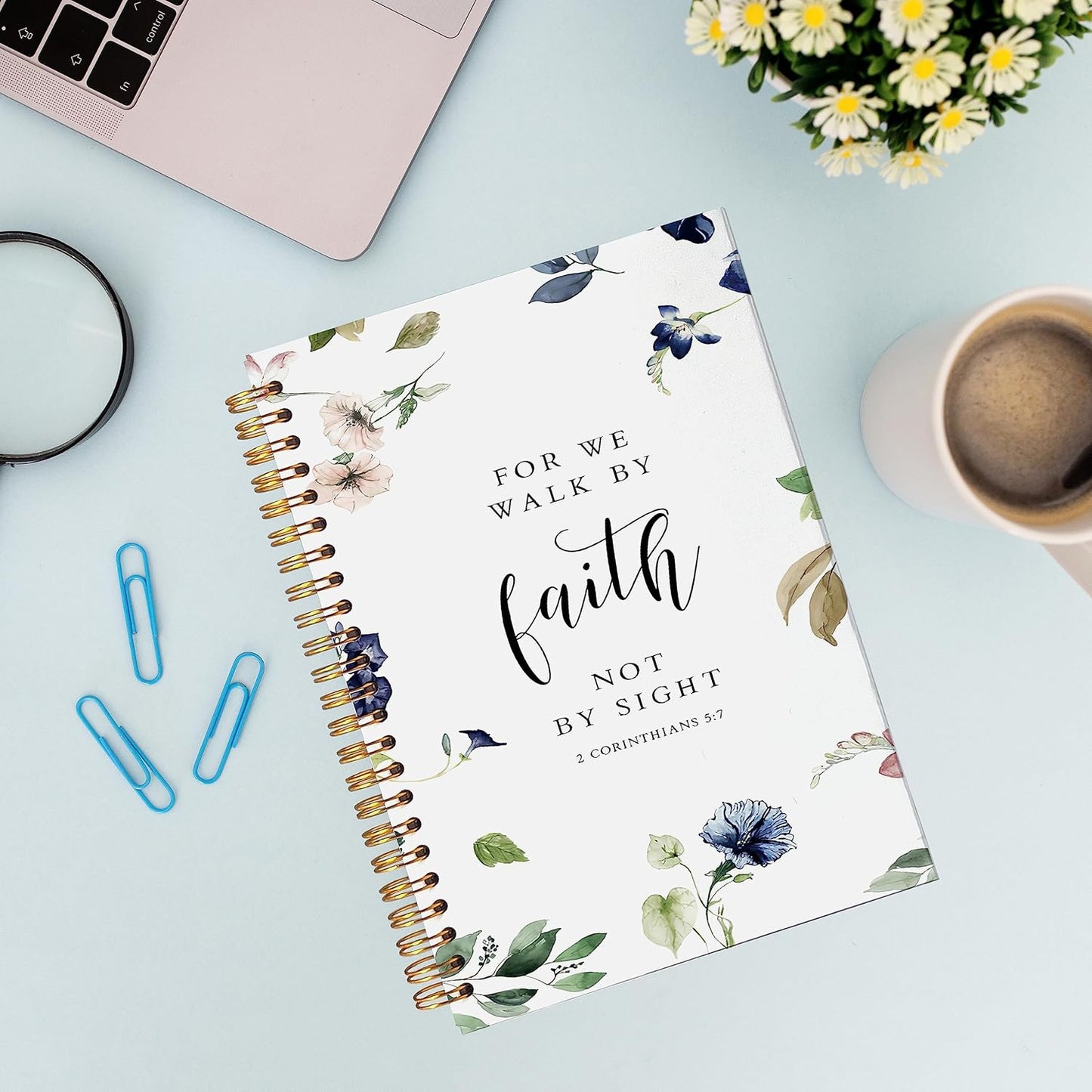 VNWEK Bible Scripture 2 Corinthians 5:7 for Me Walk by Faith not by Sight Watercolor Floral Spiral Notebook Journal 5.5 x 8.3 inches,Christian Lined Hardcover Spiral Notebook,Christian Gifts