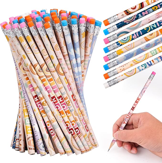 Kolewo4ever 100 Pieces Boho Rainbow Inspiring Pencils Motivational Encouragement Pencils Positive Pencil for Teachers Classrooms Reward