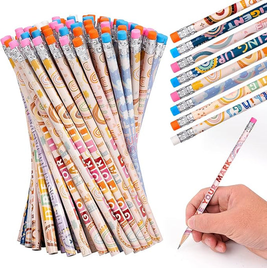 Kolewo4ever 100 Pieces Boho Rainbow Inspiring Pencils Motivational Encouragement Pencils Positive Pencil for Teachers Classrooms Reward