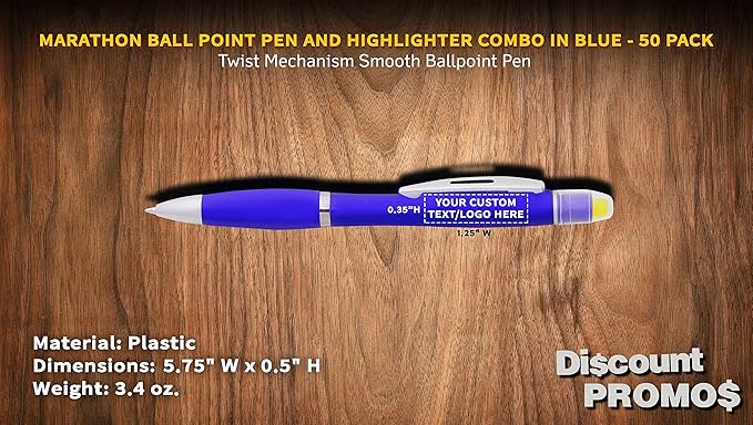 DISCOUNT PROMOS 50 Marathon Gel Highlighter Pens Pack - Customizable Text, Logo - Twist Mechanism, Ballpoint - Blue