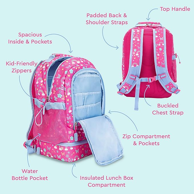 Bentgo Kids 2-in-1 Backpack & Insulated Lunch Bag - Durable 16” Backpack & Lunch Container in Unique Prints for School & Travel - Water Resistant, Padded & Large Compartments (Rainbows & Butterflies)