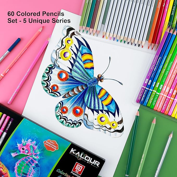 KALOUR 60 Art Drawing Set,5 Types of Colored Pencils Including Oil-Based, Metallic, Watercolor, Neon, Macaron Pastels.for Artists, Adults.Art Supplies for Sketching, Coloring & DIY Crafts