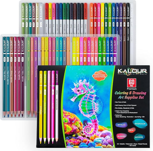 KALOUR 60 Art Drawing Set,5 Types of Colored Pencils Including Oil-Based, Metallic, Watercolor, Neon, Macaron Pastels.for Artists, Adults.Art Supplies for Sketching, Coloring & DIY Crafts