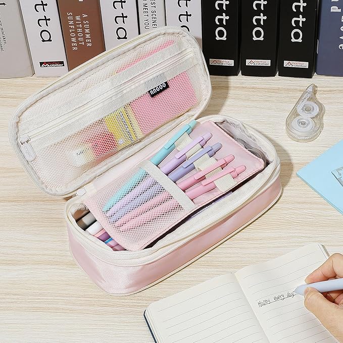 MoKo Large Capacity Pencil Case, Aesthetic Pencil Pouch Bag with Zipper, Cute Pen Case Stationery Organizer Holder for Office/School Supplies, Back to School Gift, Pink