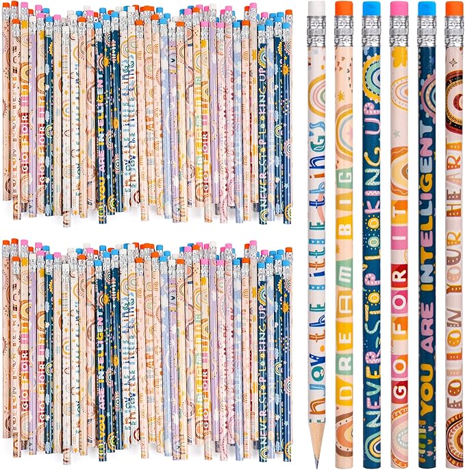Kolewo4ever 200 Pieces Boho Rainbow Inspiring Pencils Motivational Encouragement Pencils Positive Pencils for Teachers Classrooms Reward