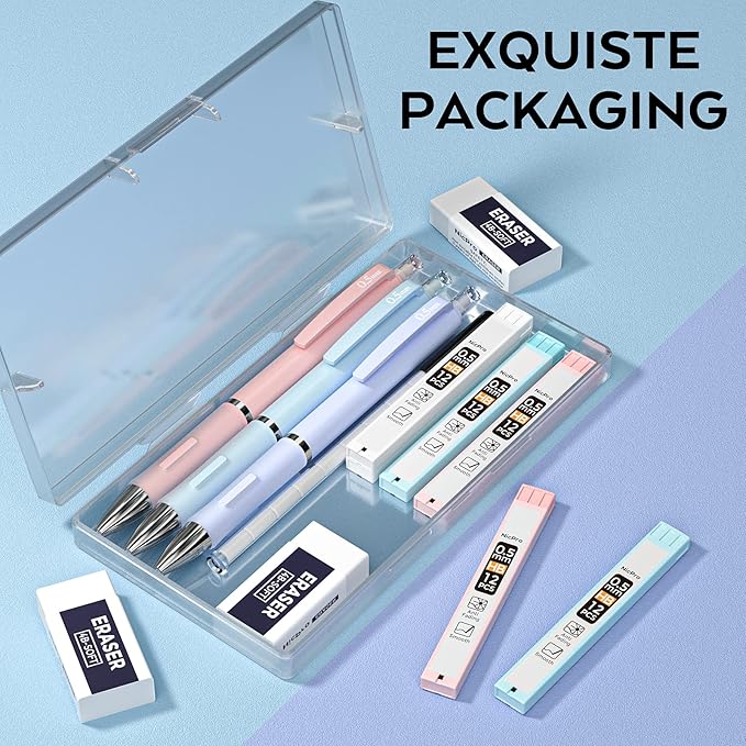 Nicpro 3PCS Pastel Mechanical Pencil Set, 0.5 Mechanical Pencils with 6 Tube HB Lead 0.5mm, 3 Eraser and 9 Eraser Refill & Case, Aesthetic School Supplies for Drafting Sketching, Drawing & Writing