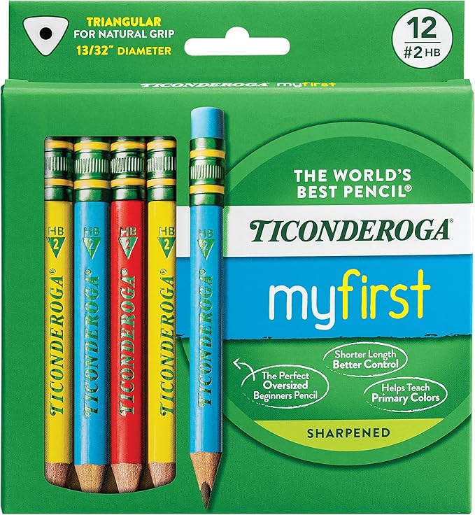 Ticonderoga My First Short Triangular Wood-Cased Pencils, #2 HB Soft, With Erasers, Primary Colors, 12 Count