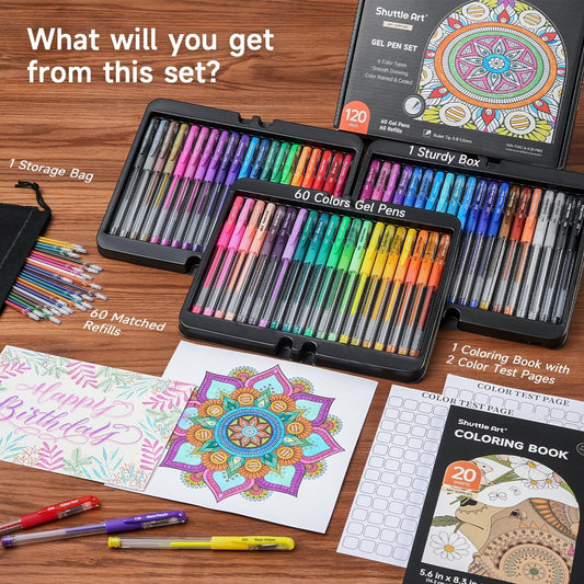 Shuttle Art Gel Pens, 120 Pack Gel Pen Set Packed in Sturdy Box, 60 Unique Colors with 60 Refills for Adults Coloring Books Drawing Doodling Crafts Scrapbooking Journaling