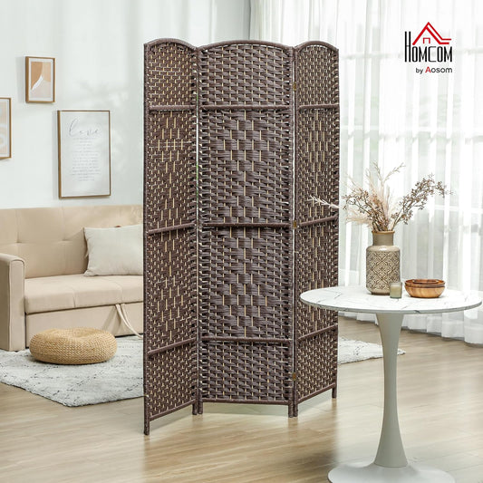 HOMCOM 3 Panel Room Divider, 6' Tall Folding Privacy Screen, Hand-Woven Freestanding Wall Partition for Home Office, Bedroom, Brown