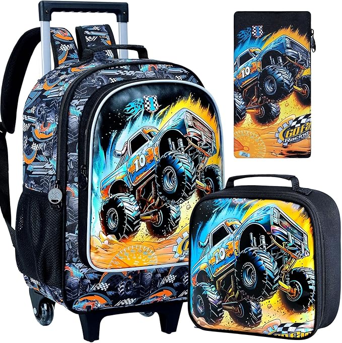 3PCS Truck Rolling Backpack for Boys, Kids Roller Bookbag with Wheels, Car Wheeled School Backpack for Elementary Preschool Kindergarten(Black)