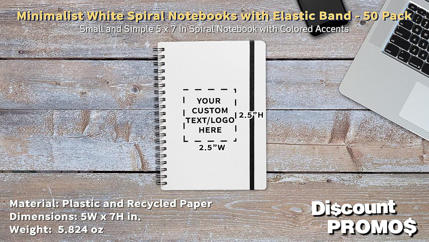 50 White Spiral Notebooks with Elastic Band Pack - Customizable Text, Logo - 80 lined pages, Recycled - Black
