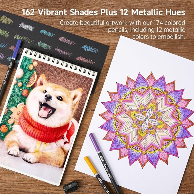 174 Colors Professional Colored Pencils, Shuttle Art Soft Core Coloring Pencils Set with 1 Coloring Book,1 Sketch Pad, 4 Sharpener, 2 Pencil Extender, Perfect for Artists Kids Adults Coloring, Drawing
