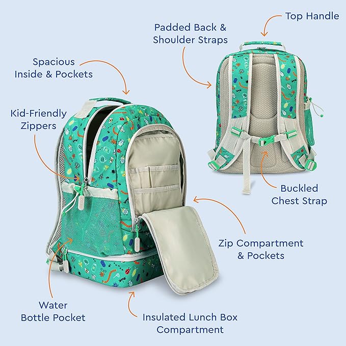 Bentgo Kids 2-in-1 Backpack & Insulated Lunch Bag - Durable 16” Backpack & Lunch Container in Unique Prints for School & Travel - Water Resistant, Padded & Large Compartments (Bug Buddies)