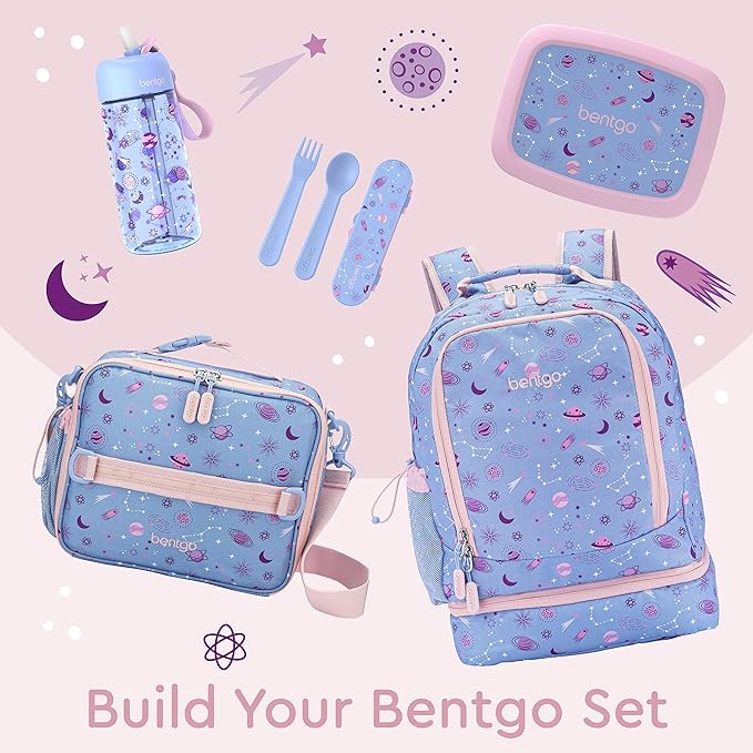 Bentgo Kids 2-in-1 Backpack & Insulated Lunch Bag - Durable 16” Backpack & Lunch Container in Unique Prints for School & Travel - Water Resistant, Padded & Large Compartments (Lavender Galaxy)
