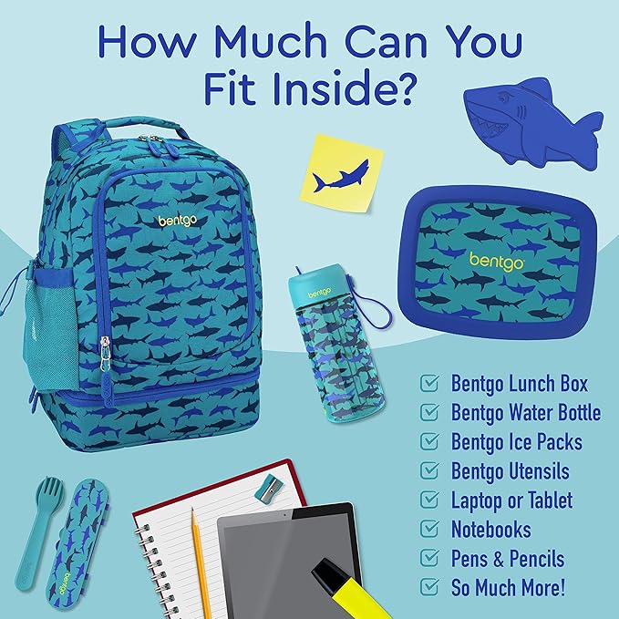 Bentgo Kids 2-in-1 Backpack & Insulated Lunch Bag - Durable 16” Backpack & Lunch Container in Unique Prints for School & Travel - Water Resistant, Padded & Large Compartments (Shark)