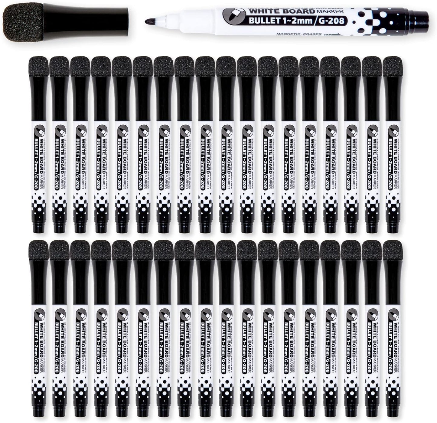 Glassboard Studio Black Fine Tip Dry Erase Markers Bulk 36-Pack with Magnetic Eraser Cap and Low Odor Ink for White Boards at School, Work, or Home