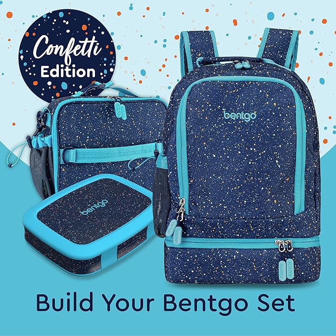 Bentgo Kids 2-in-1 Backpack & Insulated Lunch Bag - Confetti Designed 16” Backpack for School & Travel -, Durable, Water Resistant, Padded, & Large Compartments (Confetti Edition - Abyss Blue)