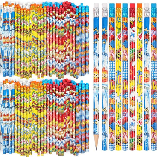 Kolewo4ever 200 Pieces Hero Text Pencils Cylinder Wood Pencils Pow Snap Wham Bang Elements Pencil 4 Style Assorted Kids Pencil for Classroom Rewards Carnival Prizes